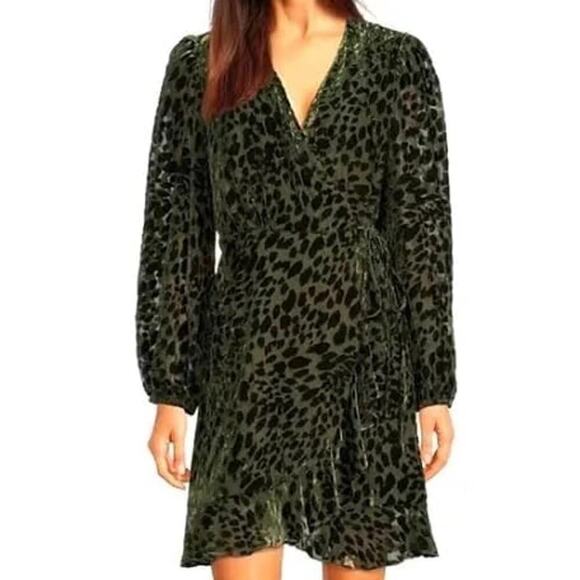 Alex Marie Moss Maren Velvet Animal Print Burnout V-Neck Long Sleeve Wrap Dress - Picture 1 of 12